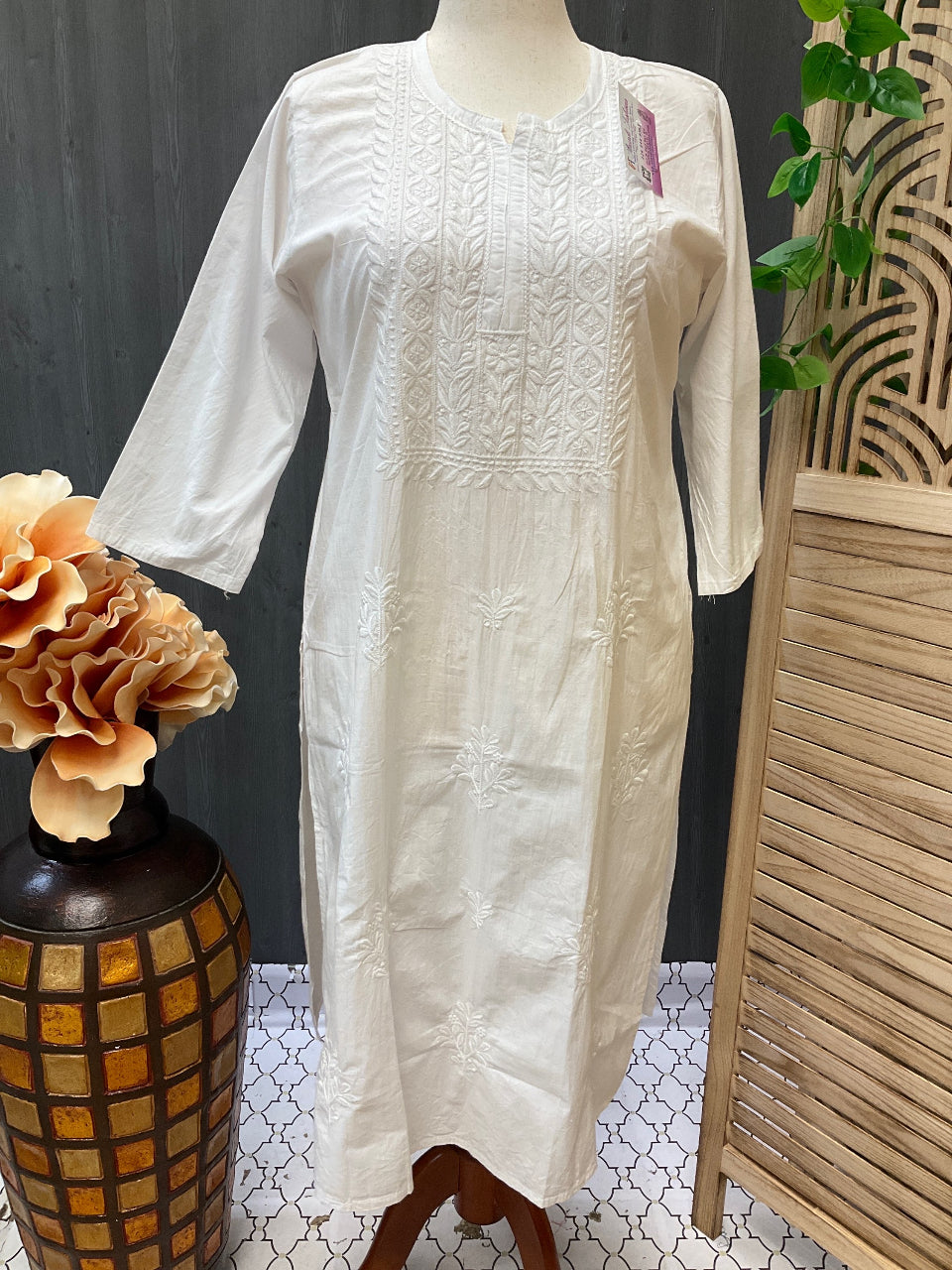 Size 48-Plus Sizes-White soft cotton chikankari kurti image 0