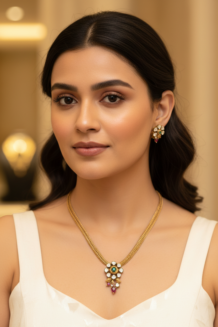 Close-up of a woman wearing a gold necklace and matching earrings with green, white, and red gemstones at Anandi Fashions