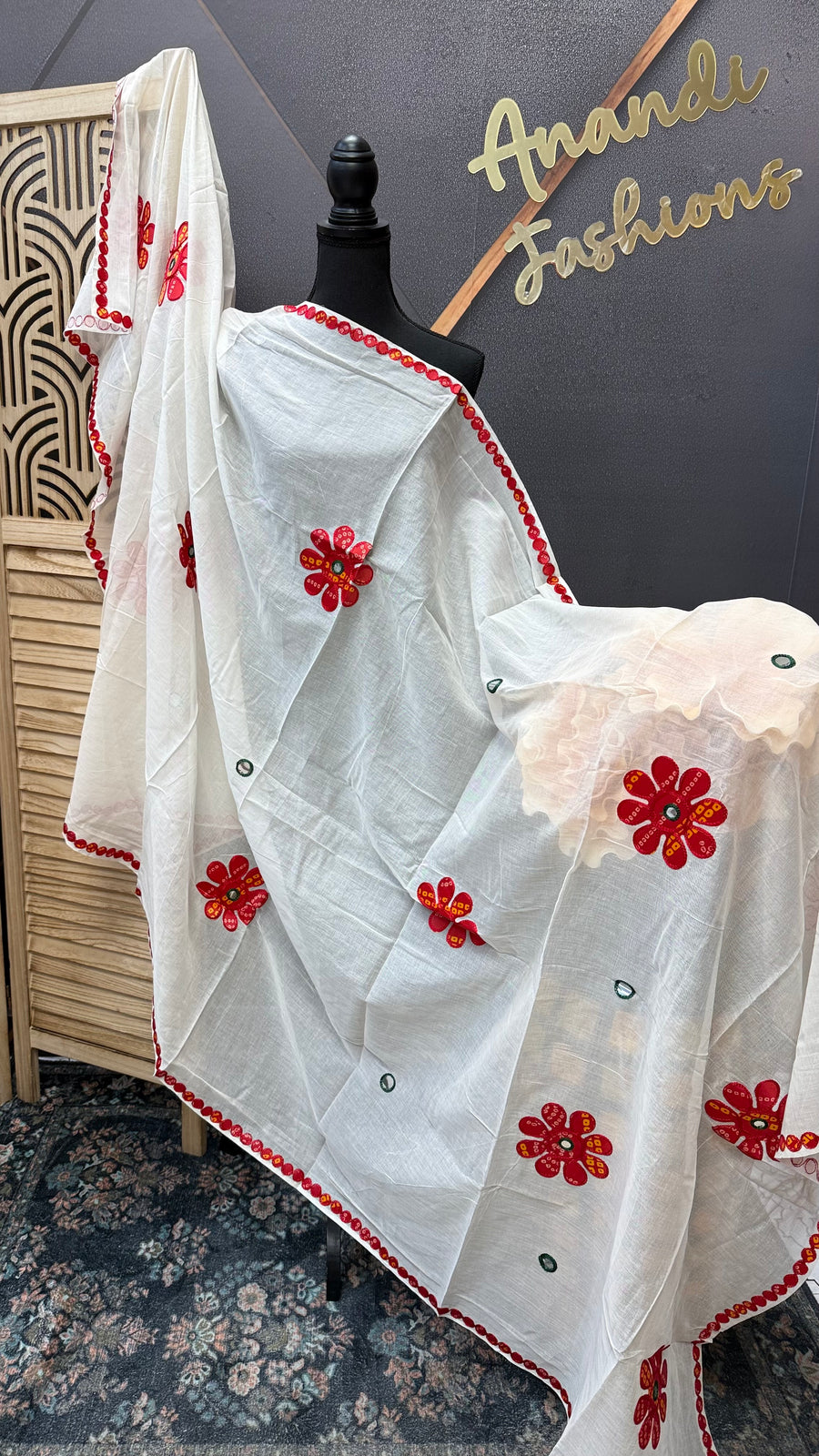 Half White Pure Khadi Cotton mirror dupatta -  - Anandi Fashions
