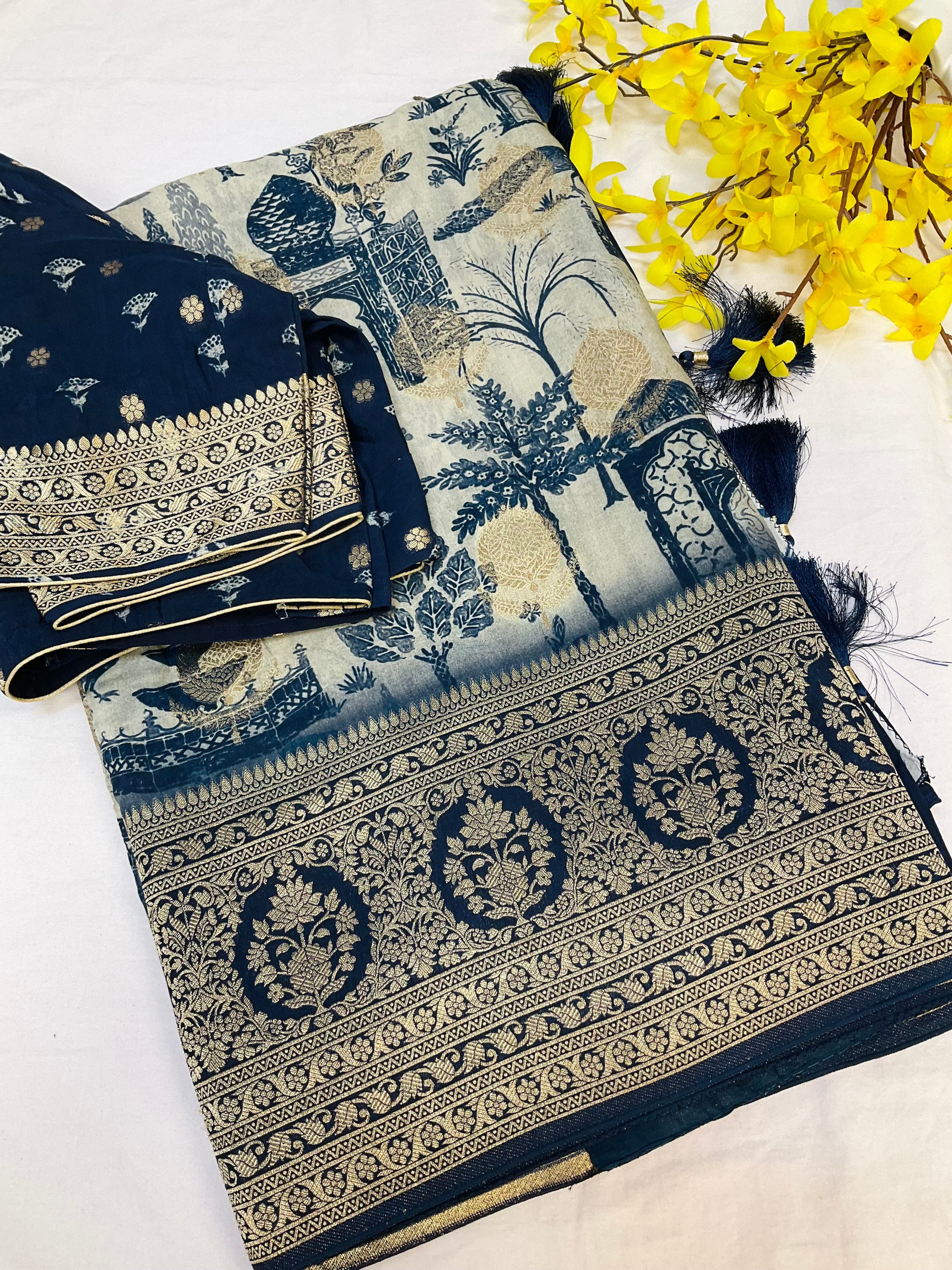 Unique Designer Russian Silk Saree with Stitched blouse - fall pico done