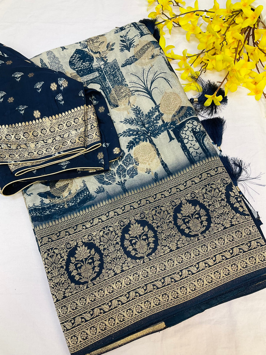 Unique Designer Russian Silk Saree with Stitched blouse