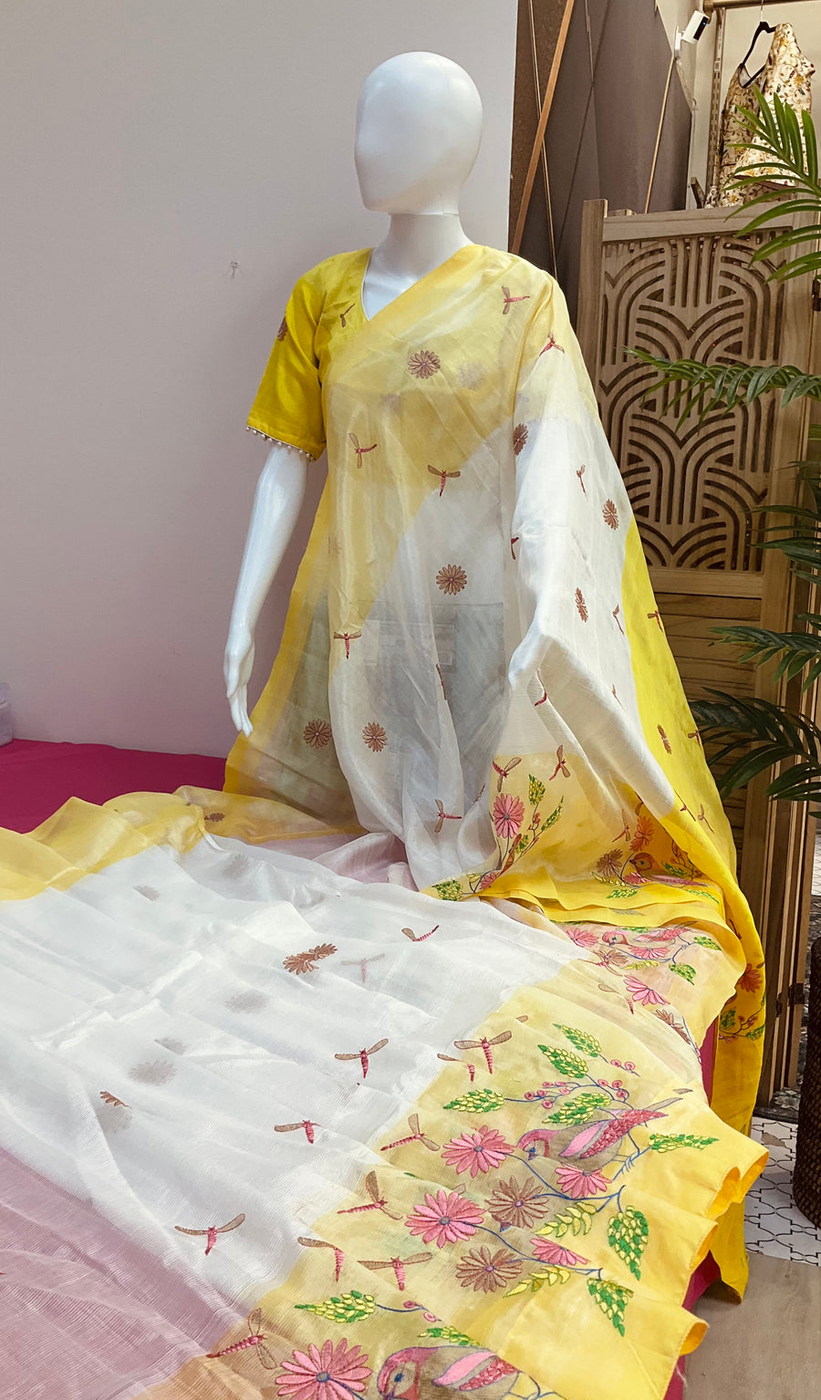 Mangalagiri Silk Half White Saree with stitched Blouse