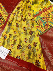 Yellow Dola silk saree with kantha work