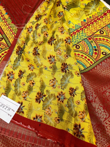 Yellow Dola silk saree with kantha work
