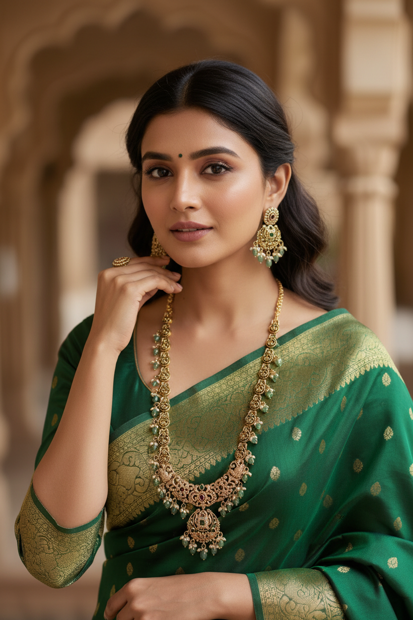 Antique Finish CZ Work Long Haram Necklace Set
