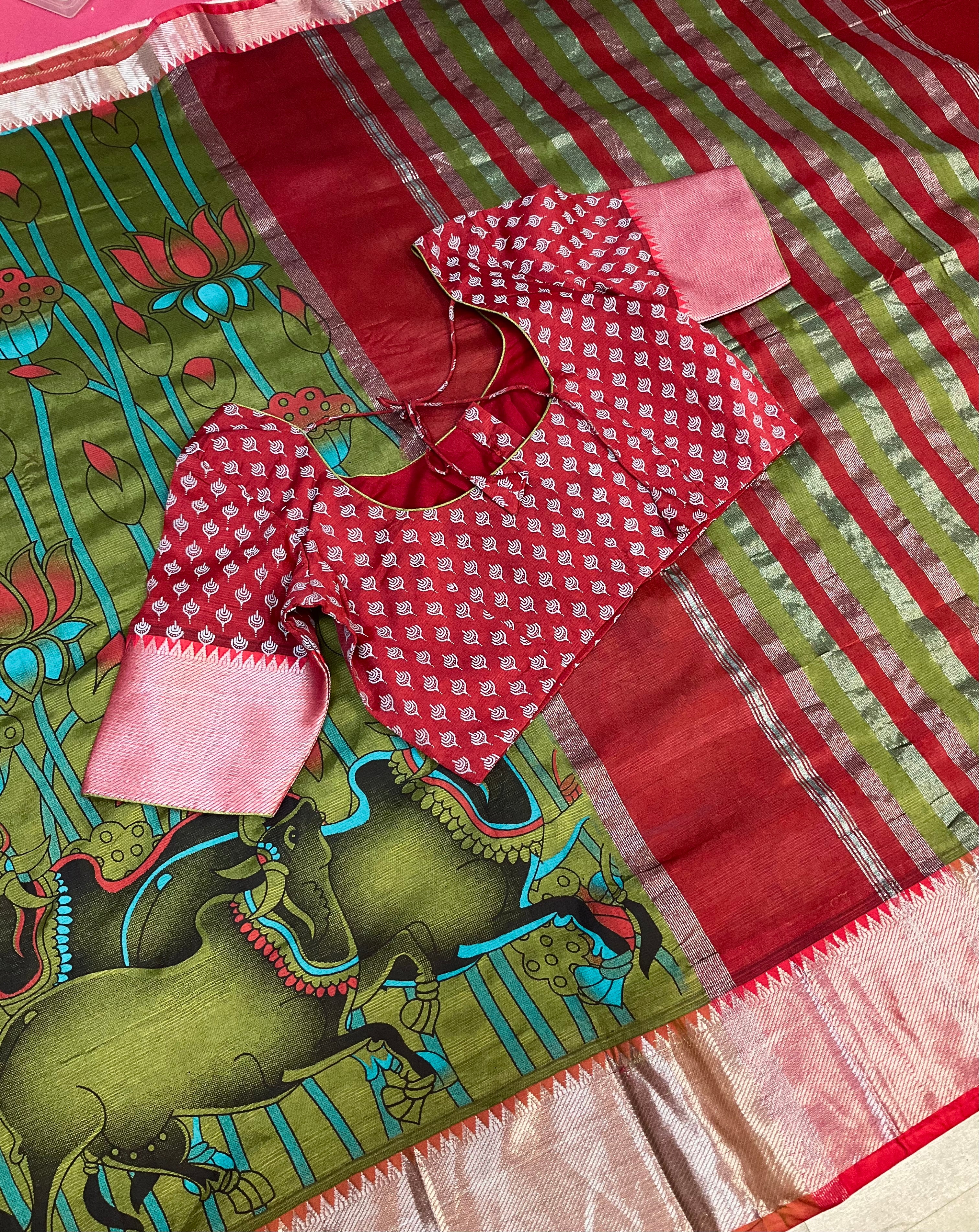 Green- Digital Print Mangalagiri Silk Saree