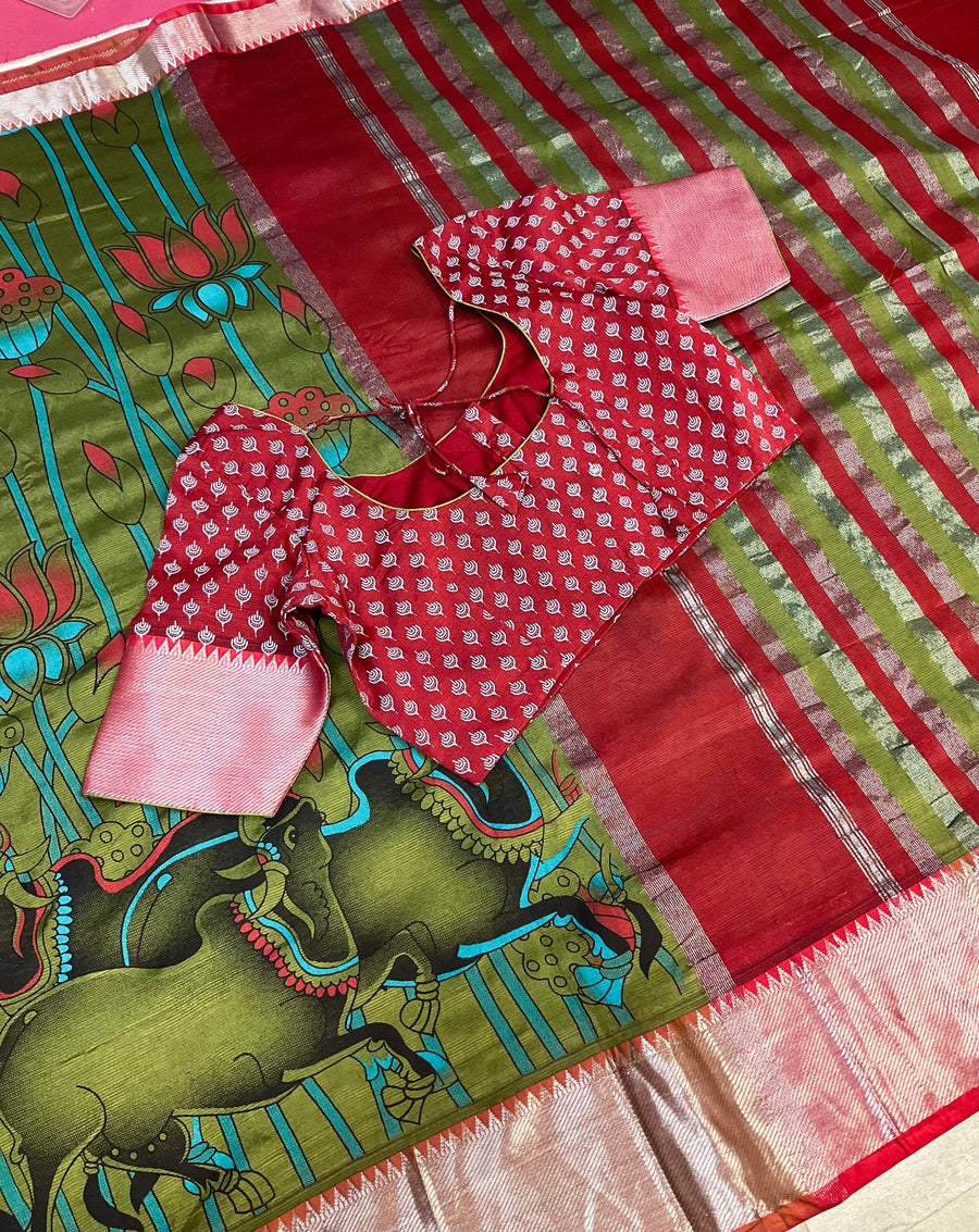 Green- Digital Print Mangalagiri Silk Saree