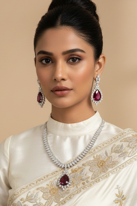Party Wear Silver Finish Necklace set with Red Stone