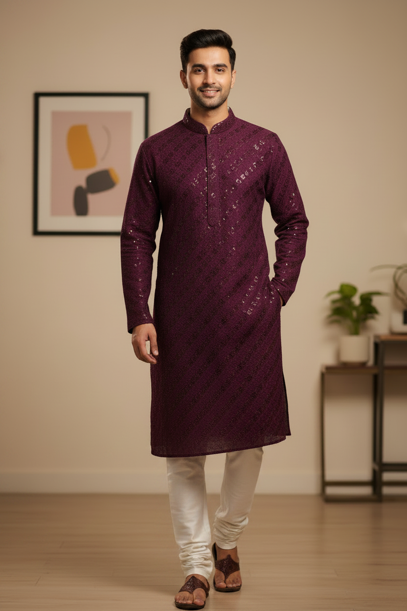 Wine Chikankari Mens Wear Kurta sets