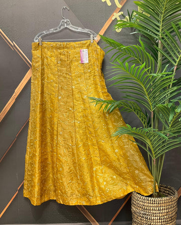 Gold Party Wear Lehenga Skirt - Crushed Tissue with Embroidery