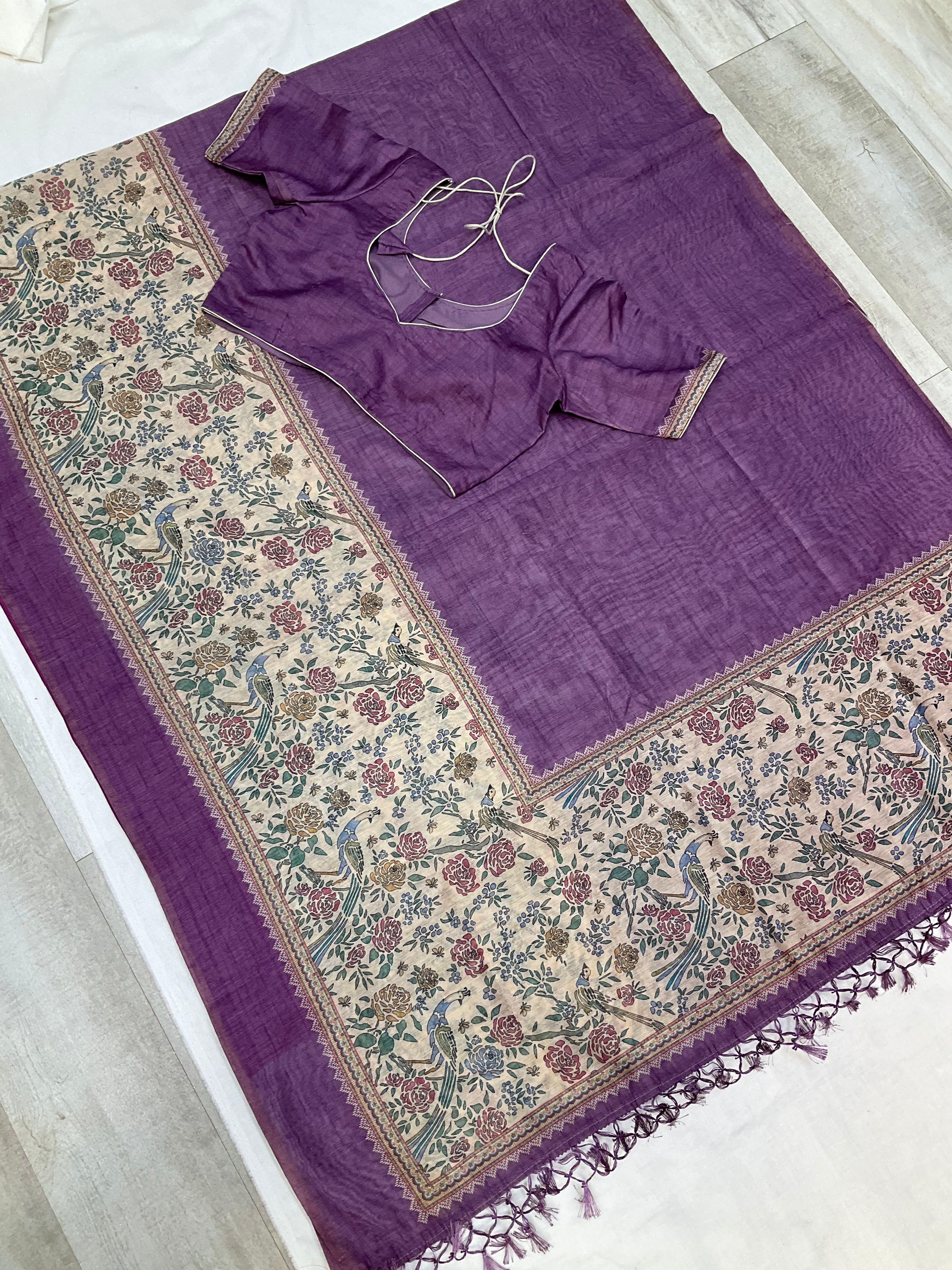 Light purple Cotton Silk saree with digital print-Stitched blouse and fall pico Done