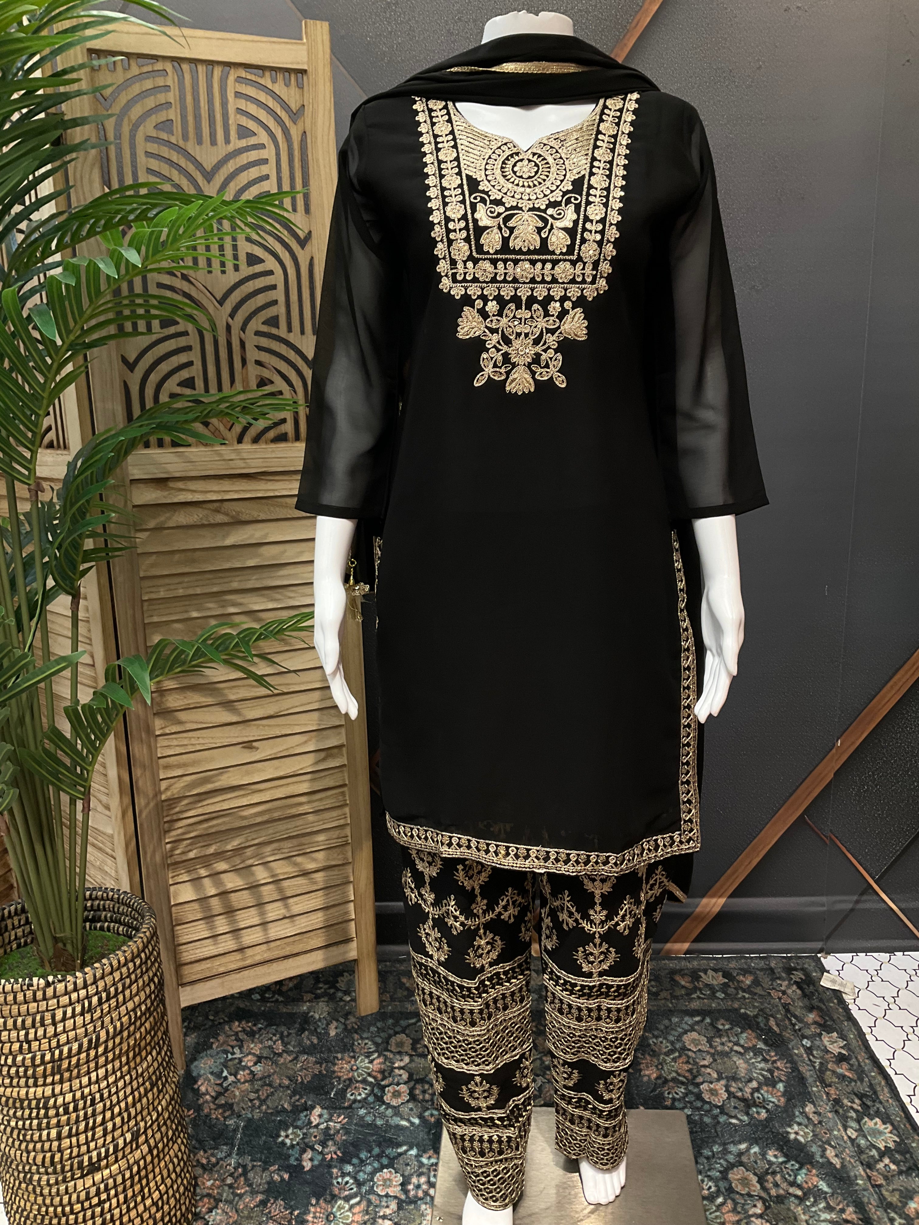 Party Wear Georgette Kurti set- Embroidery Work Pants