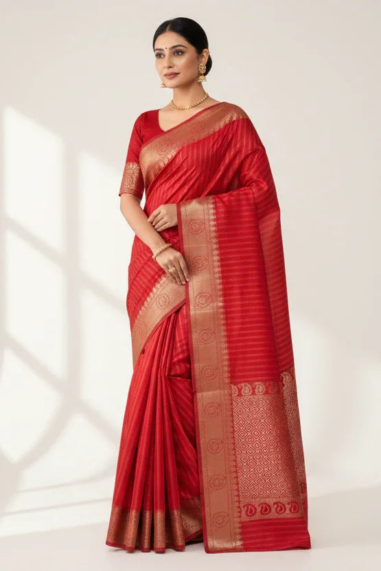 Woman wearing elegant red silk saree with gold zari border and matching red blouse in neutral setting