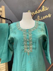 Size 52- Plus Size - Aqua Green- Shimmery Tissue Party Wear Kurti Set