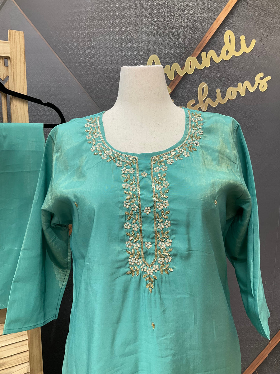Size 52- Plus Size - Aqua Green- Shimmery Tissue Party Wear Kurti Set