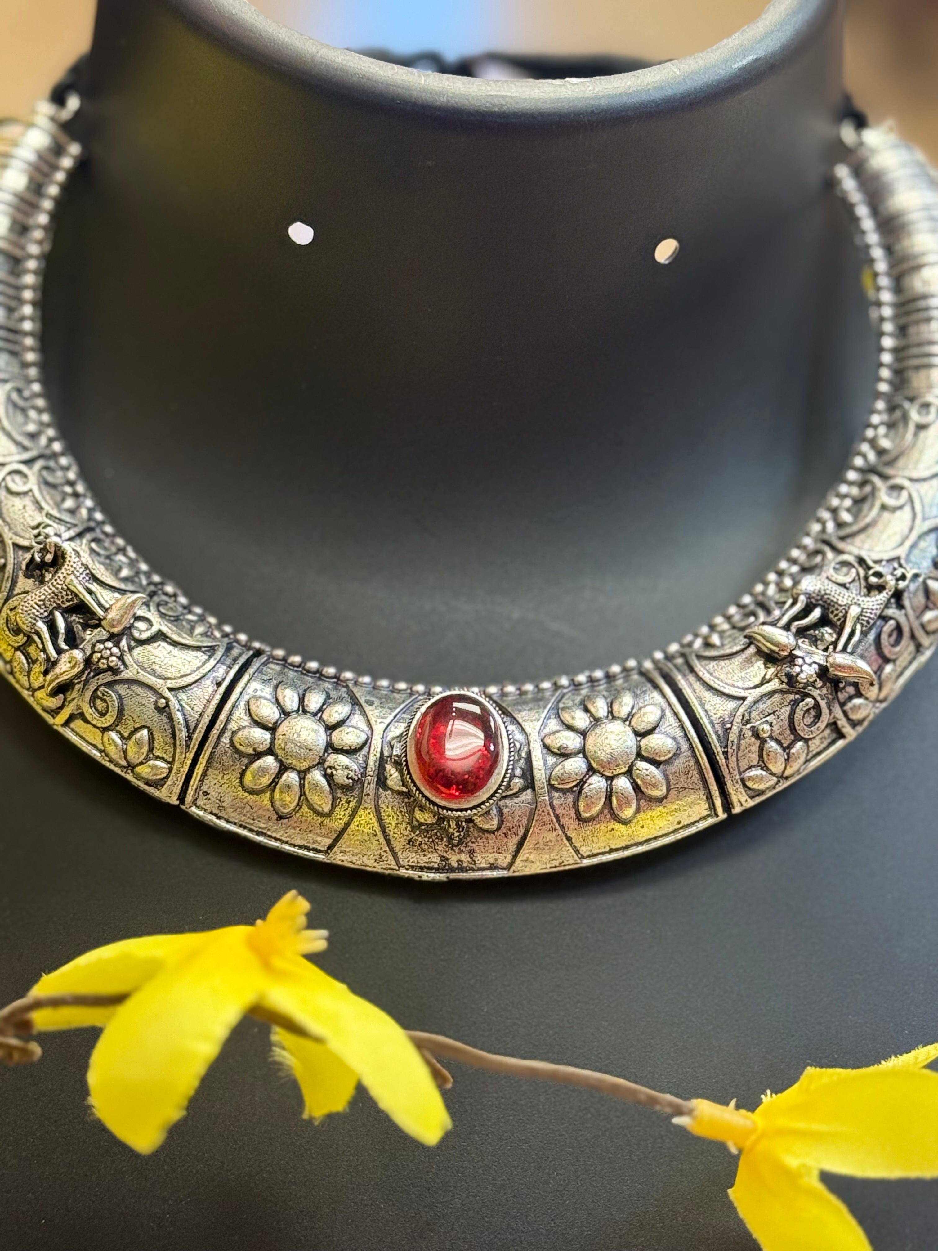 German Silver Necklace with Red Stone