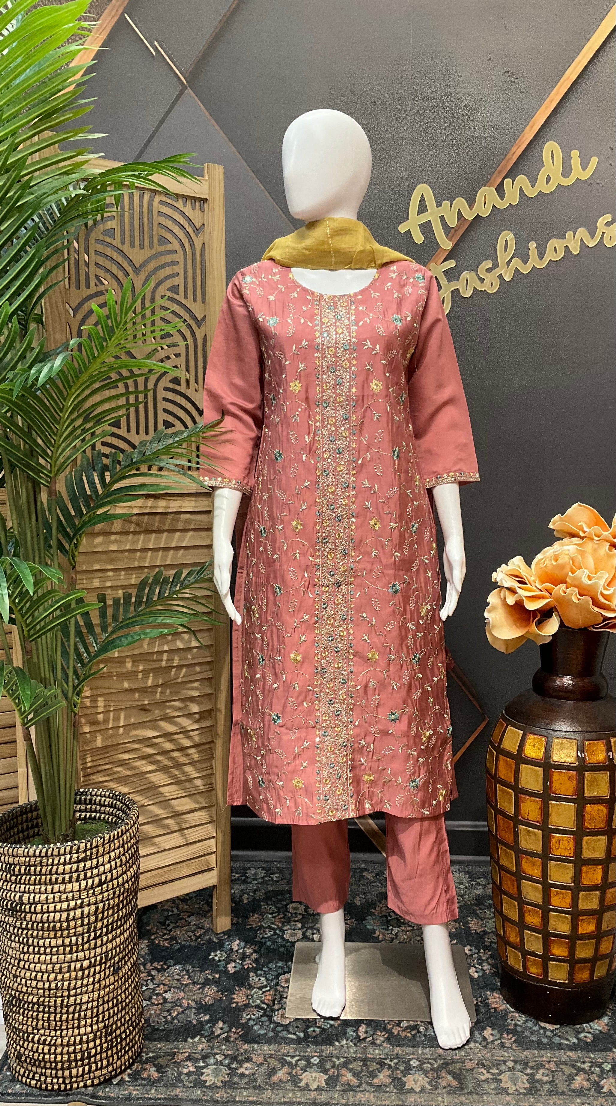 Onion pink Embroidery Work kurti set