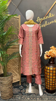 Onion pink Embroidery Work kurti set