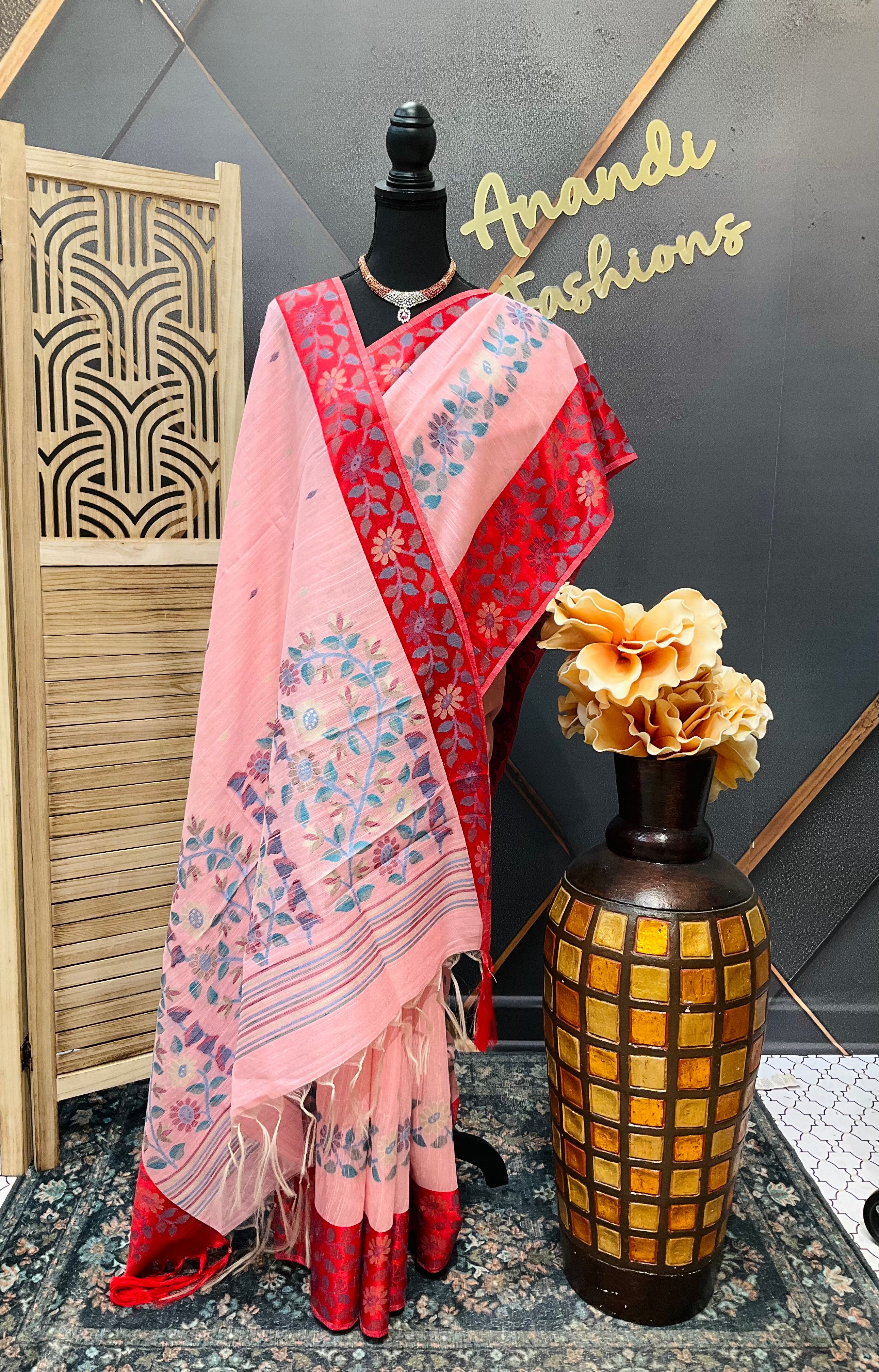 Pink-Lenin Jamdhani Saree with Stitched blouse- fall pico done