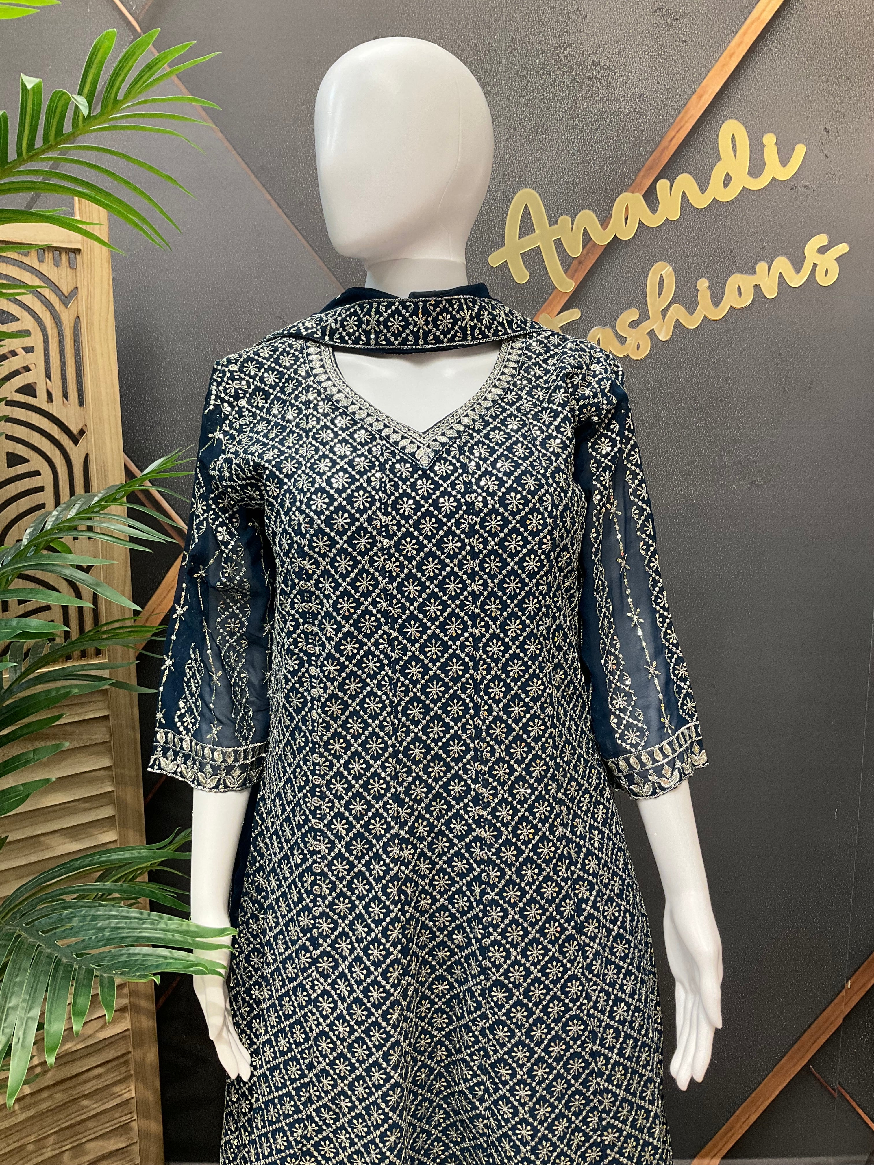 Size 40-Teal Blue - Georgette Party Wear Anarkali Kurti set