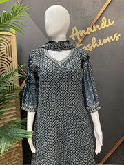 Teal Blue Georgette Party Wear Anarkali Kurti Set Size 40 - Silver Zari