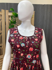 Wine Color Cotton Summer Frock/Kurti | Floral Print Women's Casual Wear