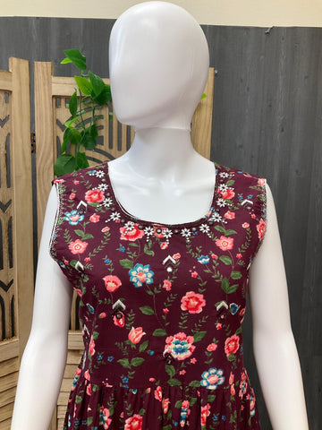Wine Color Cotton Summer Frock/Kurti | Floral Print Women's Casual Wear