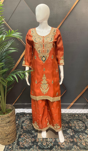 Rust Color Party Wear Shimmery Palazzo Set - Embroidery Work
