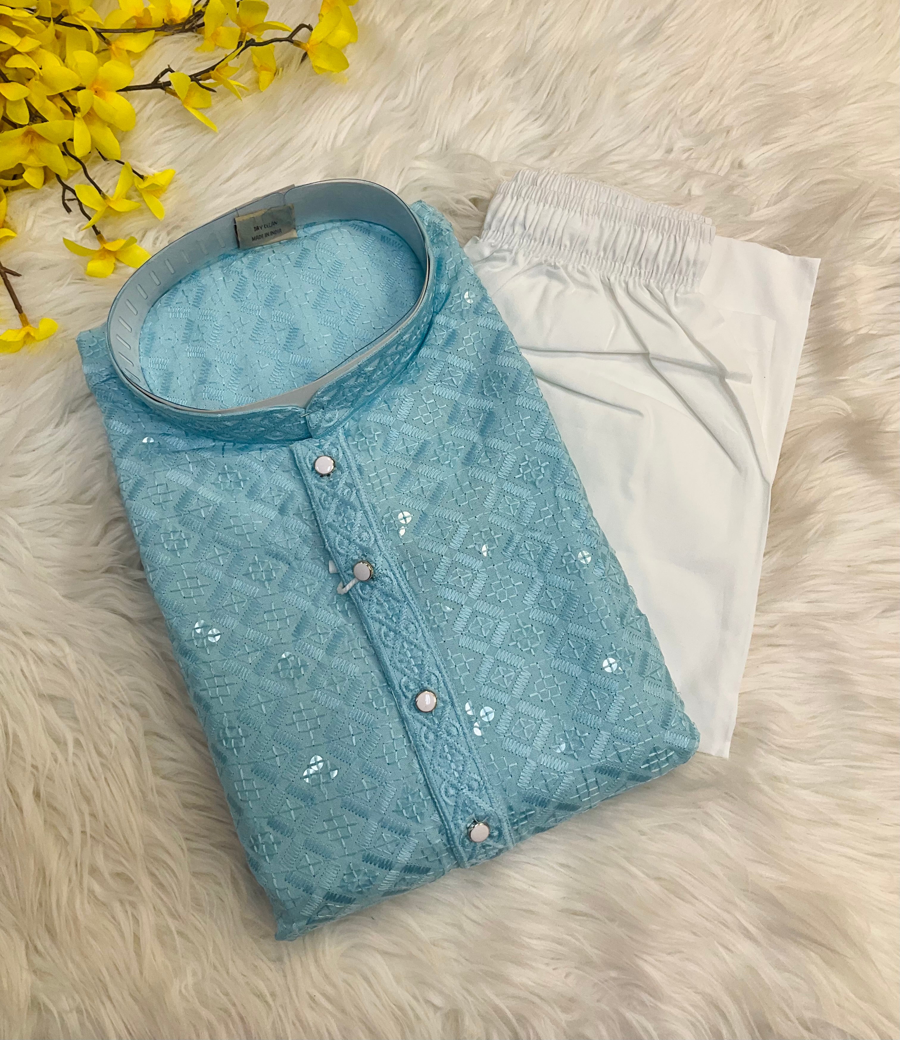 Plus Size Blue  Rayon Chikankari Men’s wear Kurta set