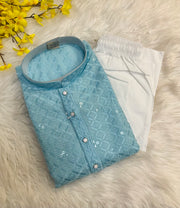 Plus Size Blue  Rayon Chikankari Men’s wear Kurta set