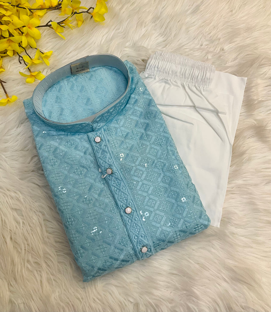 Plus Size Blue  Rayon Chikankari Men’s wear Kurta set