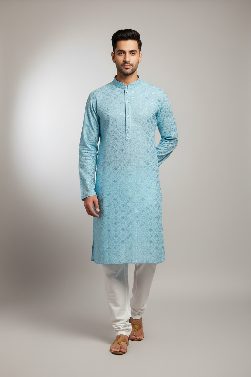 Plus Size Blue  Rayon Chikankari Men’s wear Kurta set