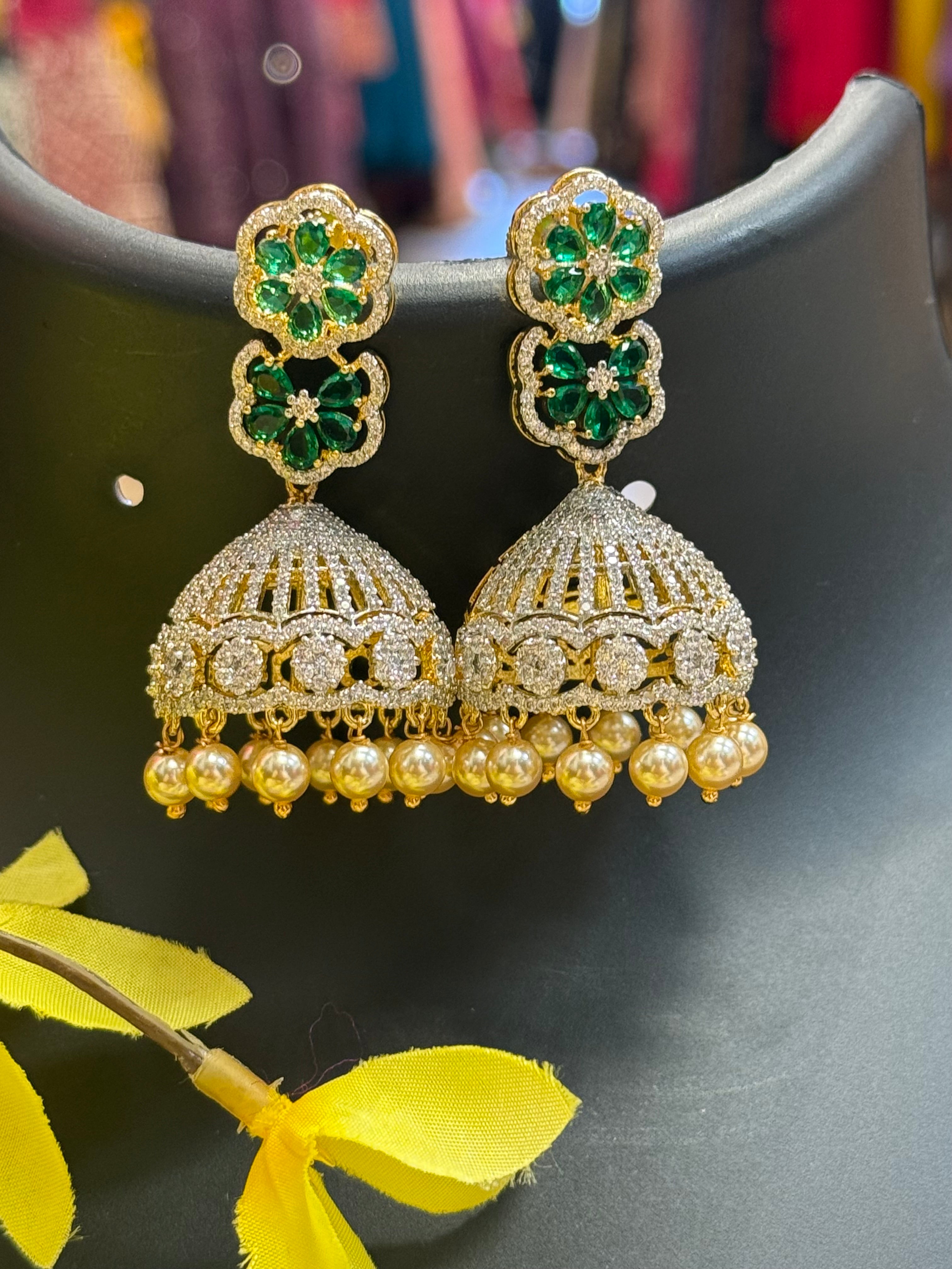 CZ Party Wear Jhumkas/Earrings with Flower Studs