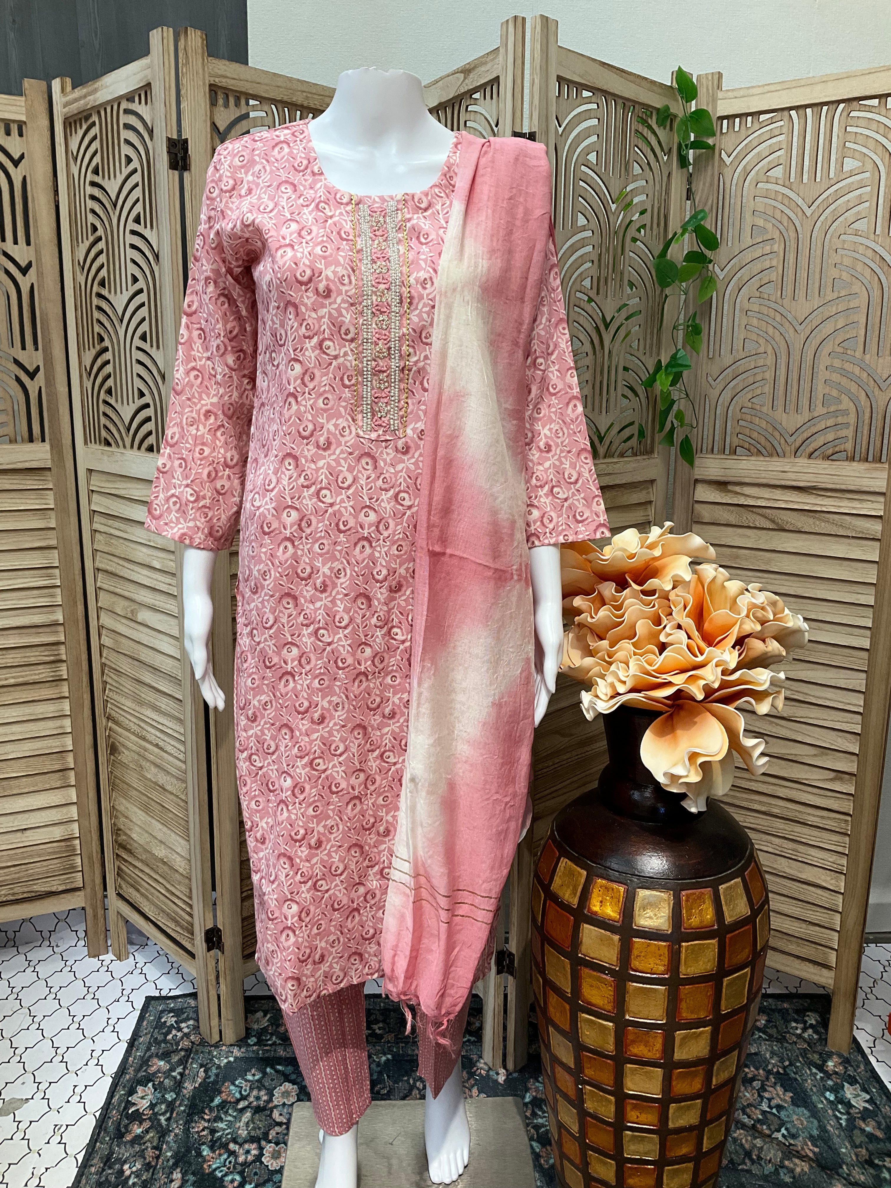 Pink 3 piece Rayon Kurti set