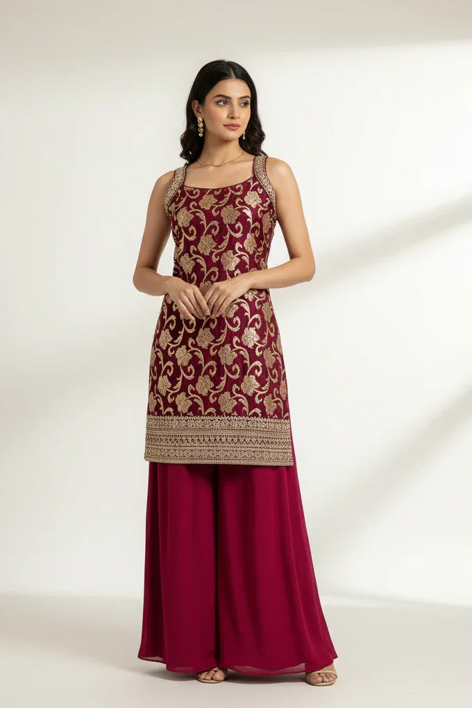 Woman wearing a maroon and gold traditional outfit on a white background