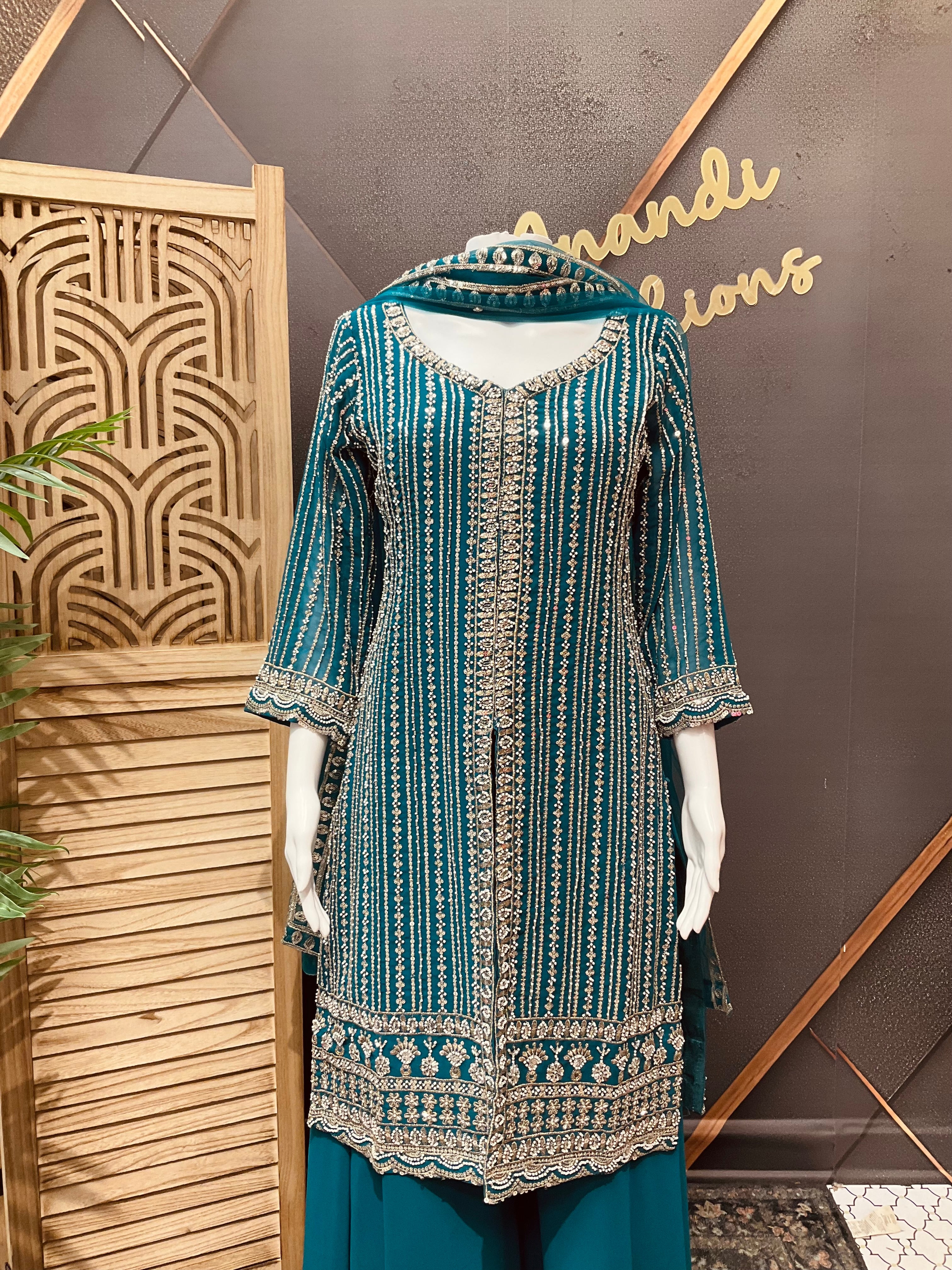 Size 38/Indian M - Party Wear Rama Blue Georgette Palazzo/Sharara set