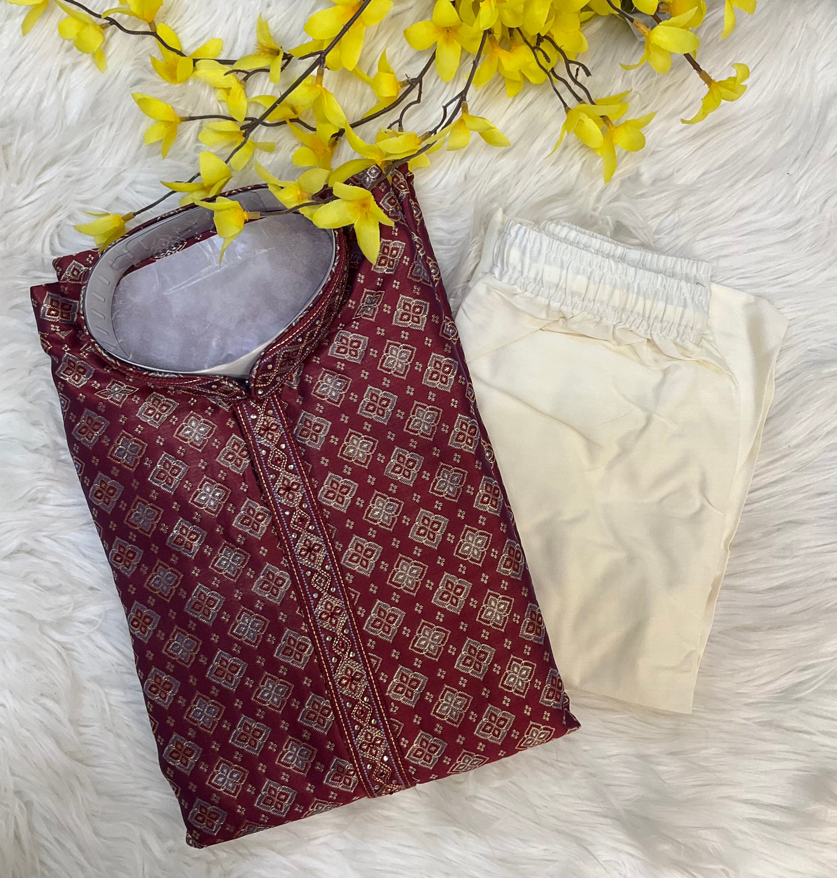 Premium Quality - Maroon Color Benaras Kurta Pajama Sets