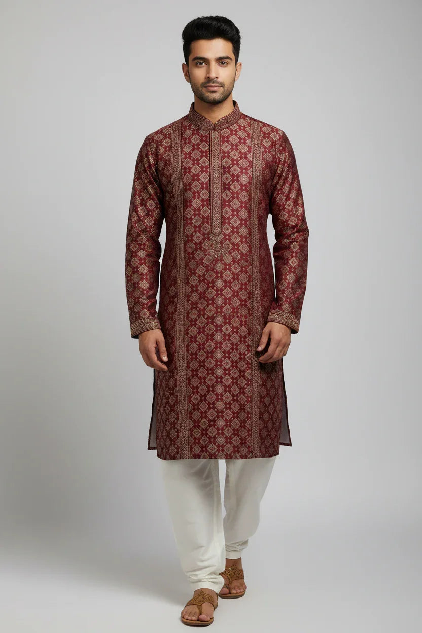 Man wearing a maroon ethnic Indian kurta with gold patterns, white churidar pants, and brown sandals