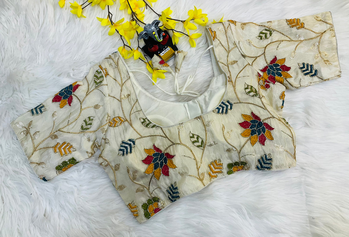 Half White- Embroidery Work Tissue Blouse- Size 38