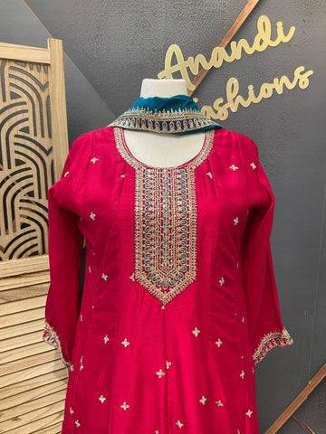 Plus Size Pink Anarkali Kurti Set Size 44/46 - Vichitra Silk Party Wear
