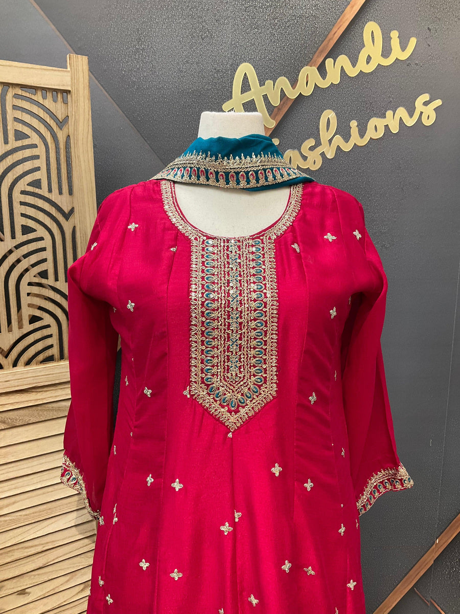 Plus Size Pink Anarkali Kurti Set Size 44/46 - Vichitra Silk Party Wear
