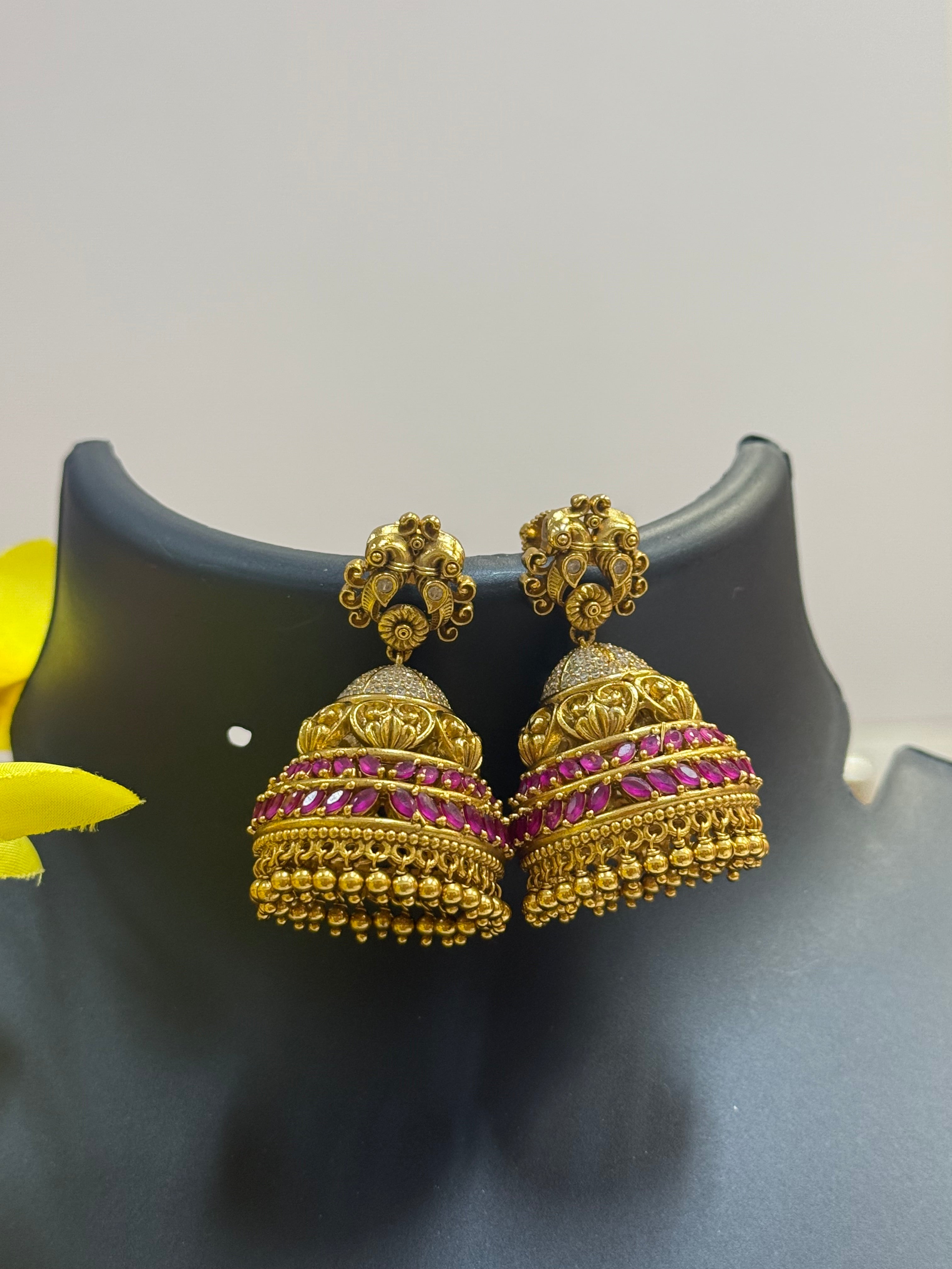 Antique Finish Jhumkas/Earrings with Ruby Stones