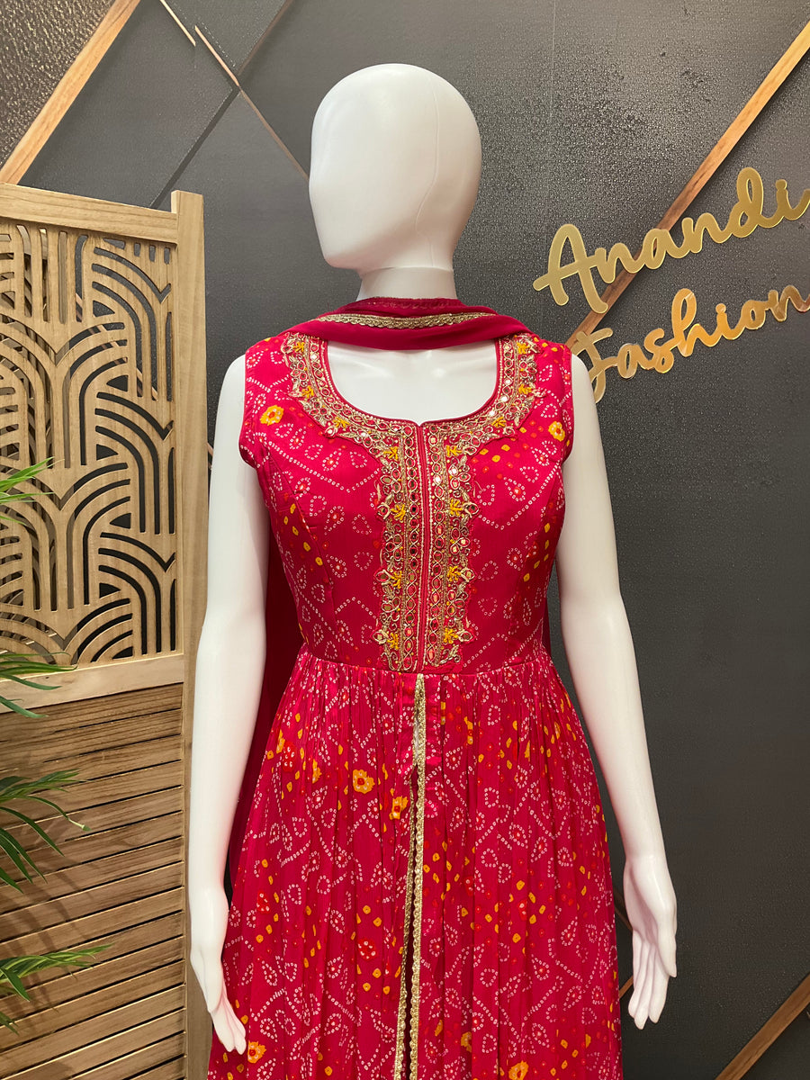 Party Wear Pink Silk Bandhini Palazzo set