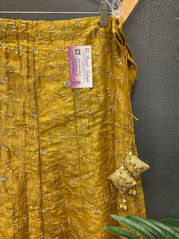 Gold Party Wear Lehenga Skirt - Crushed Tissue with Embroidery
