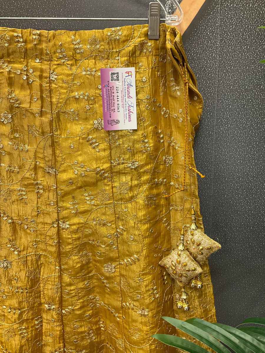 Gold Party Wear Lehenga Skirt - Crushed Tissue with Embroidery