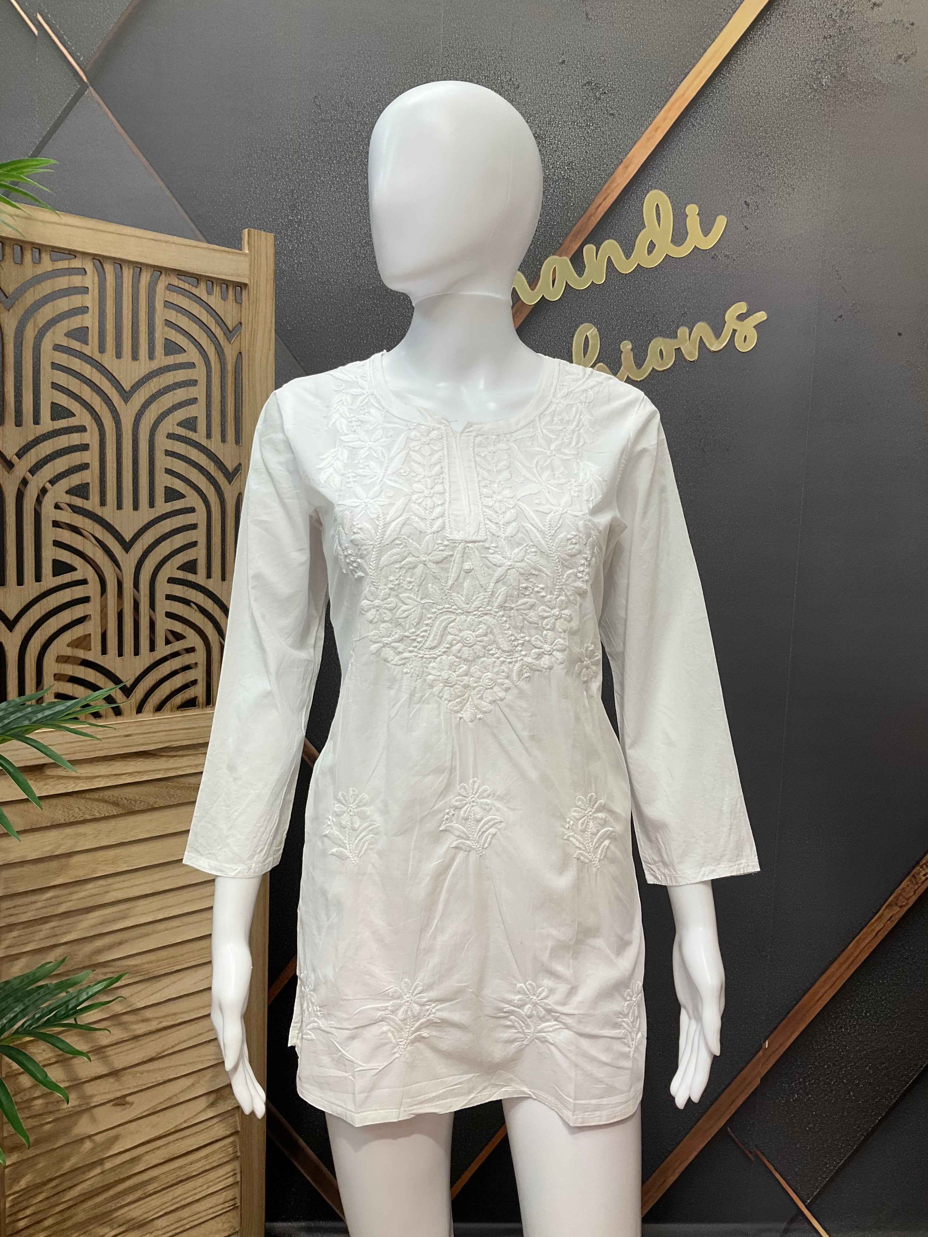 Pure Cotton - Chikankari Short White Kurti- Design 1