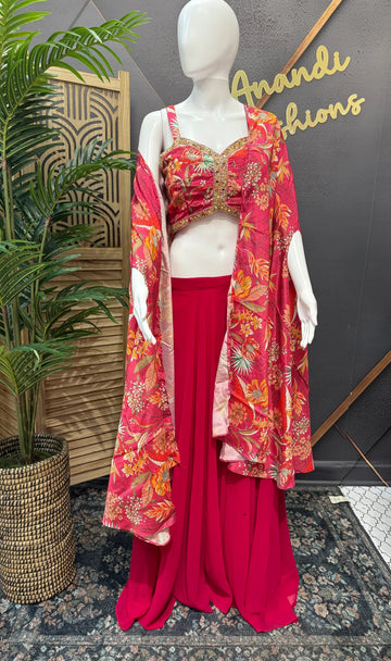 Pink Indo Western Sharara Set with Floral Shrug - Party Wear