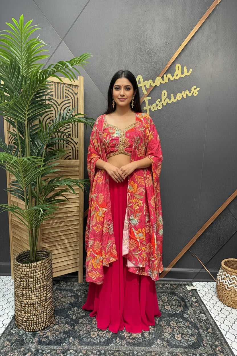 Pink Indo Western Sharara Set with Floral Shrug - Party Wear