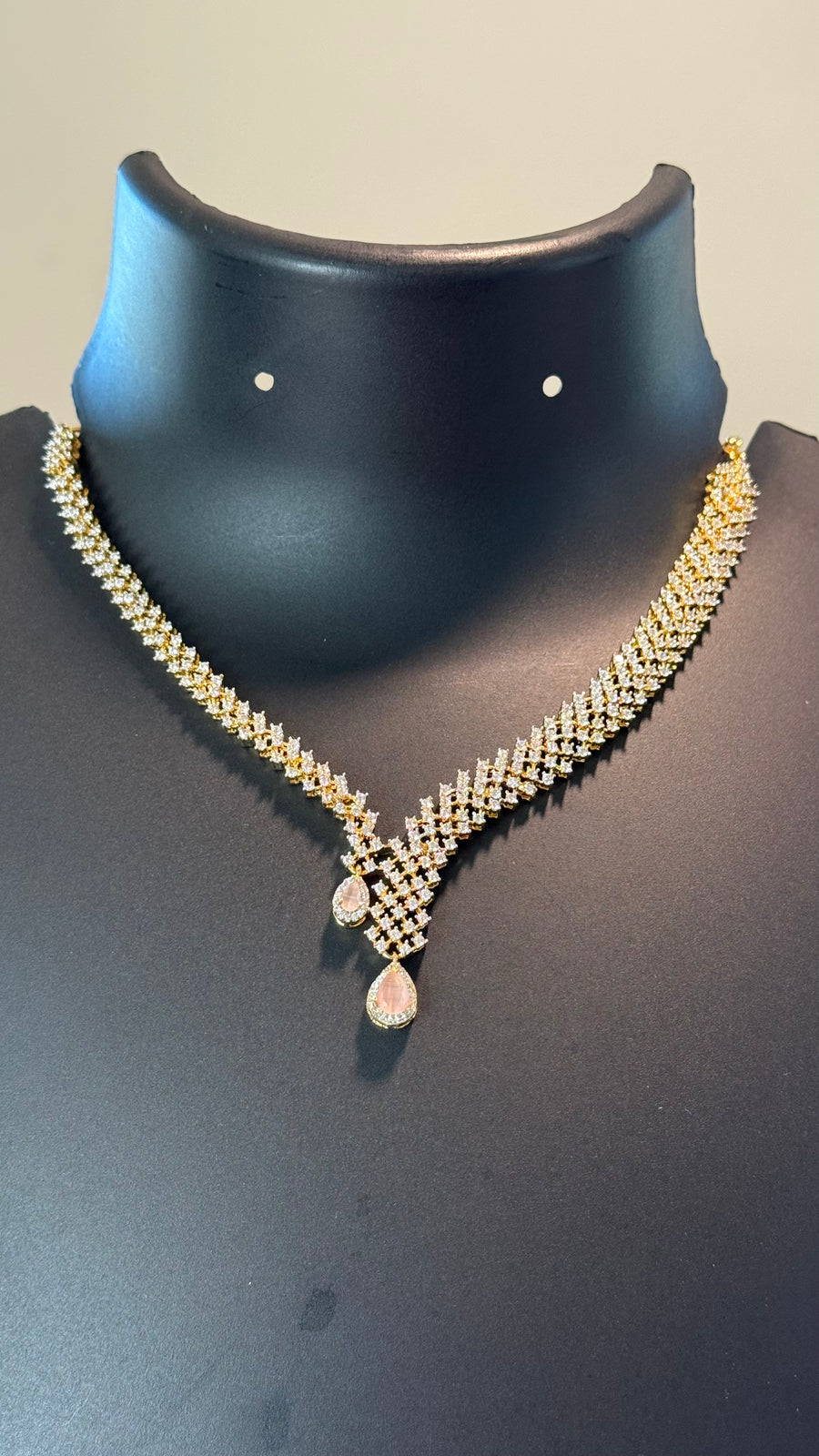 Designer CZ Party Wear Necklace set with Baby Pink