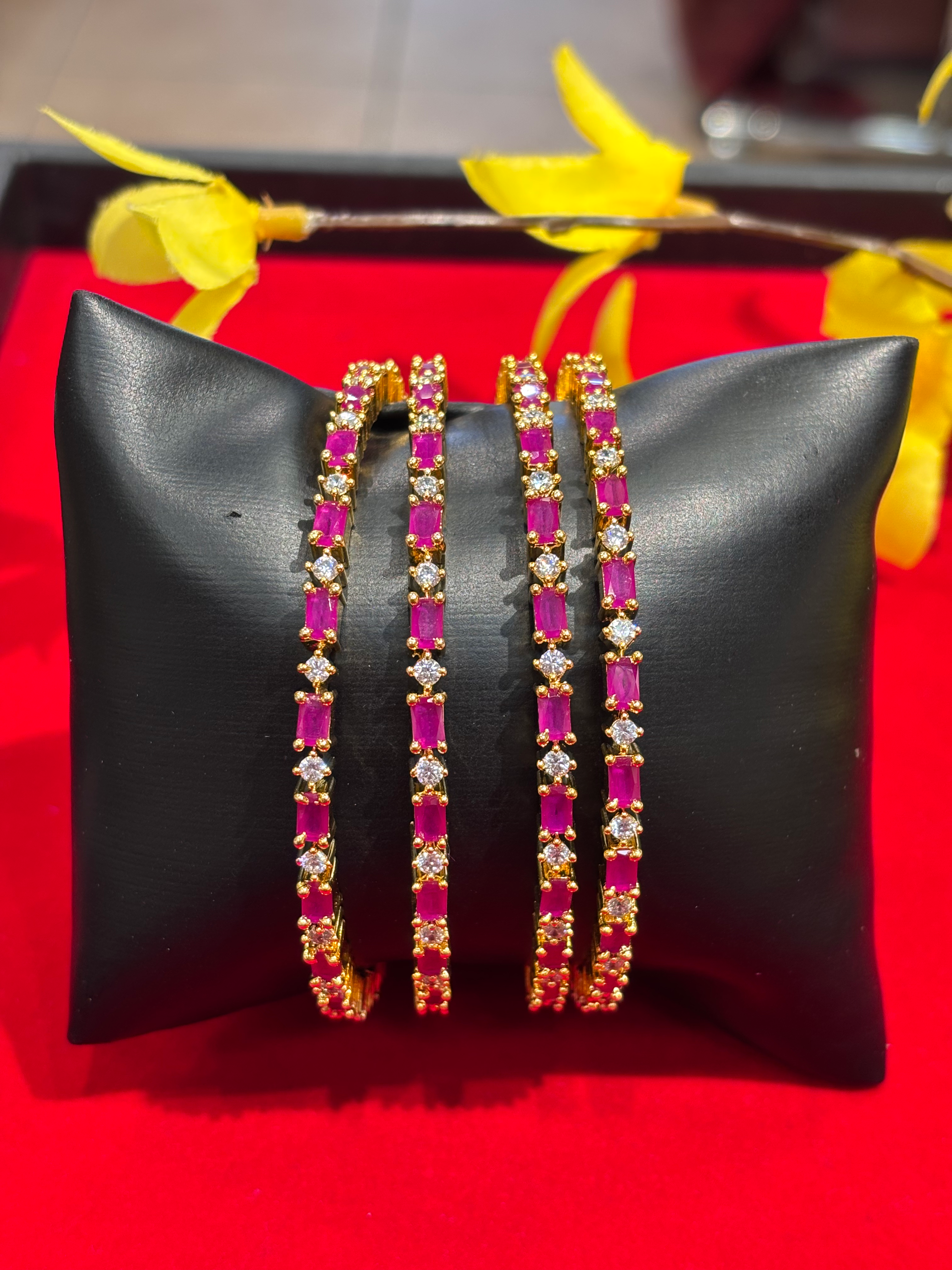Set of 4 thin Bangles With Ruby Stones image 1